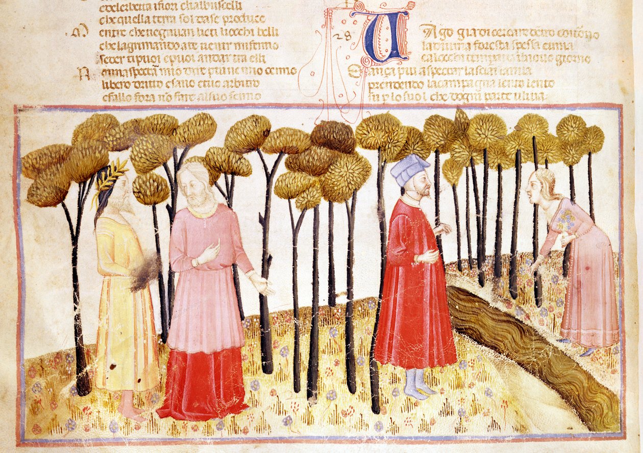 Dante y Virgilio (70-19 a.C.) en la cima del Purgatorio, de La Divina Comedia de Dante Alighieri (1265-1321) de Italian School