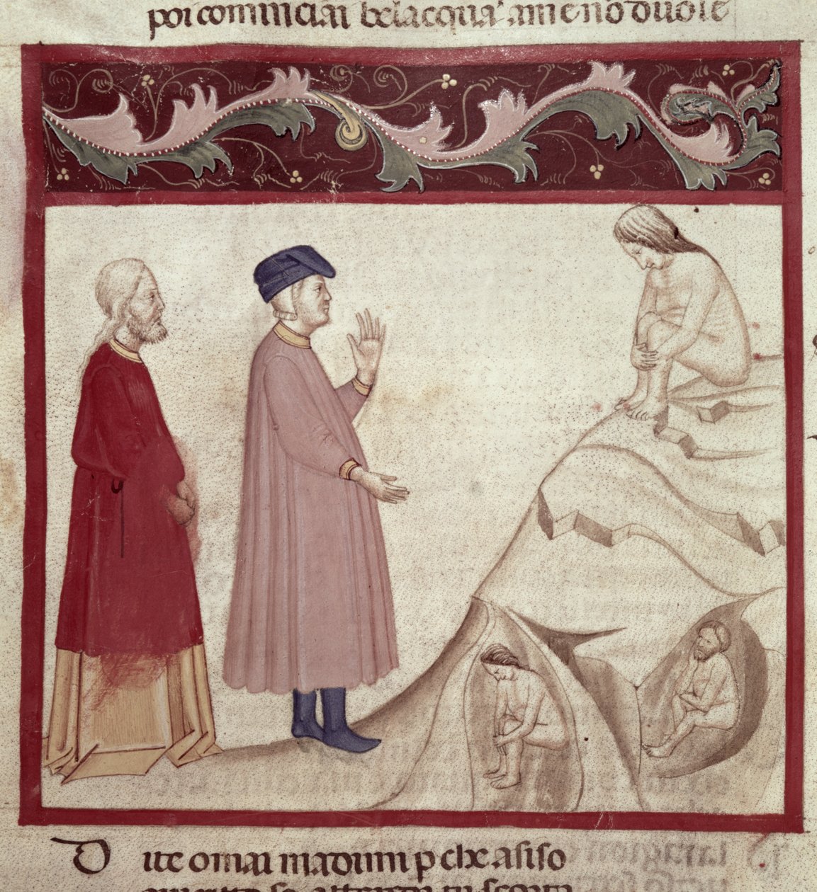 Dante y Virgilio (70-19 a.C.) encuentran las almas encarceladas en las rocas, de La Divina Comedia de Dante Alighieri (1265-1321) de Italian School