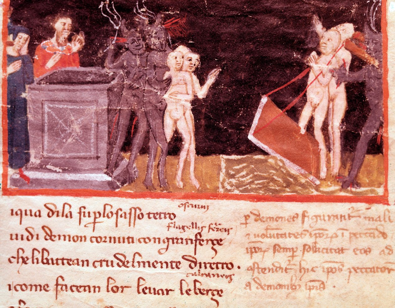 Dante y Virgilio rodeados por los proxenetas y seductores (canto 18 del Infierno, en la Divina Comedia) - Miniatura de Italian School