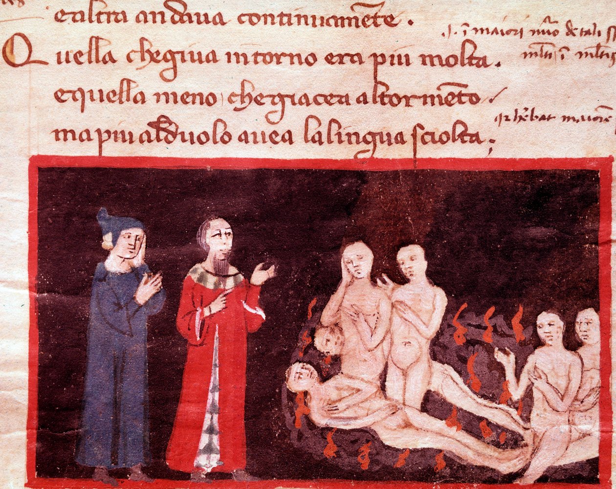Dante y Virgilio rodeados por los violentos (canto 14 del Infierno, en la Divina Comedia) - miniatura del siglo XIV de Italian School