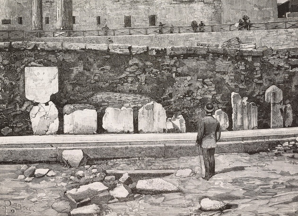 Hemicíclo decorativo en el Foro Romano, Roma, Italia, grabado del dibujo de Dante Paolocci, de L