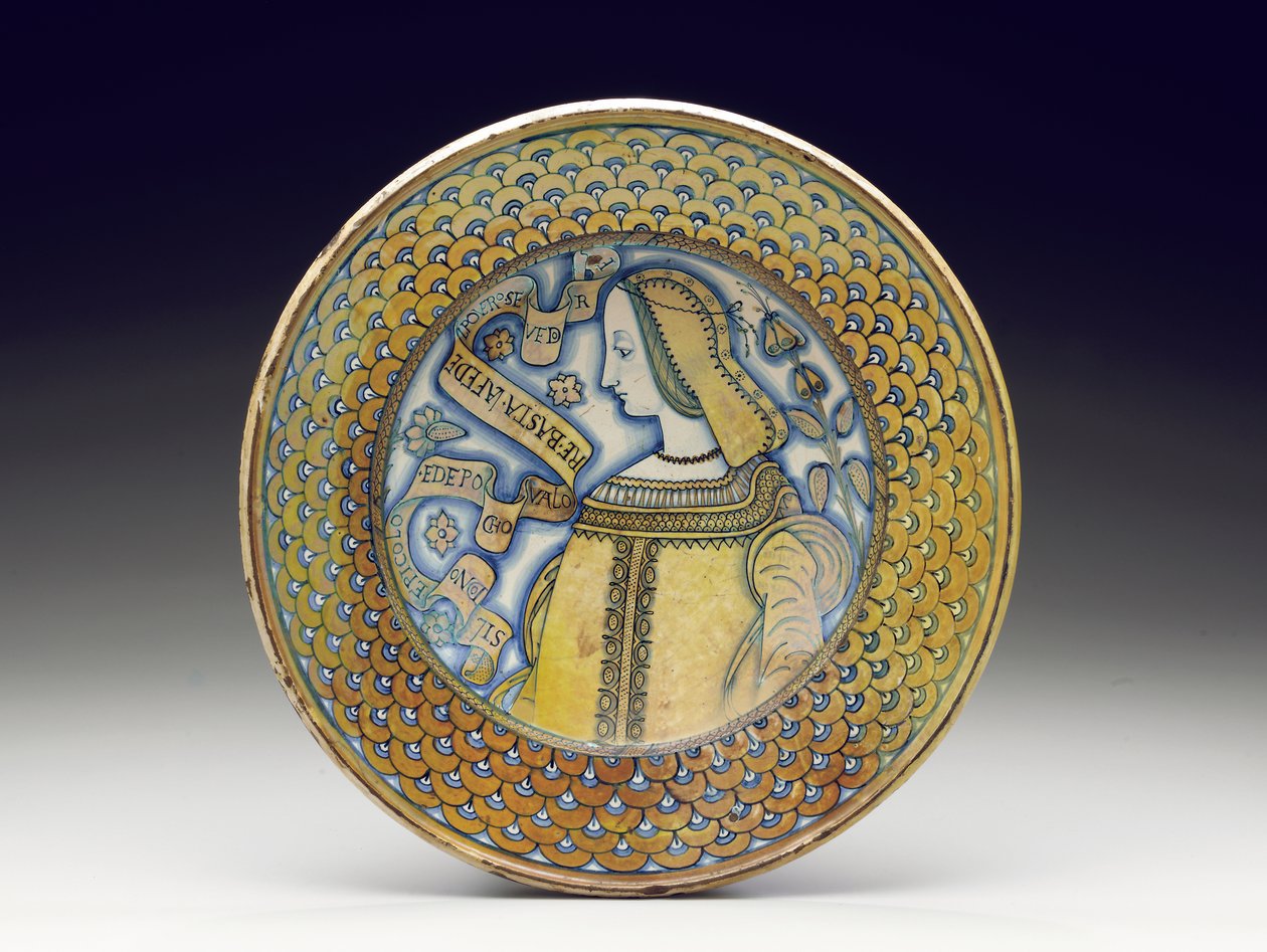 Plato de mayólica de Deruta con lustre "Bella Donna", 1520-30 de Italian School