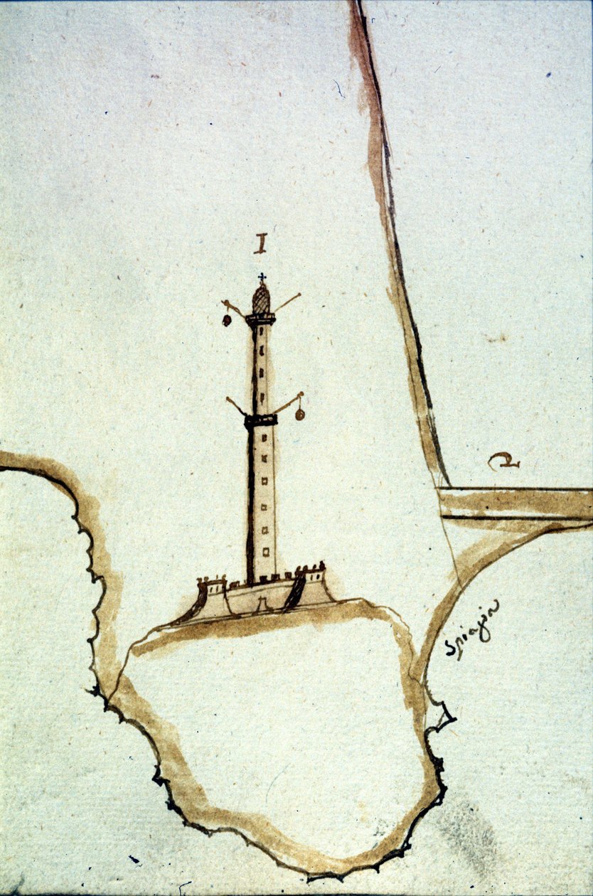 Detalle de un mapa topográfico manuscrito del siglo XVII que muestra la posición de la linterna de Génova de Italian School