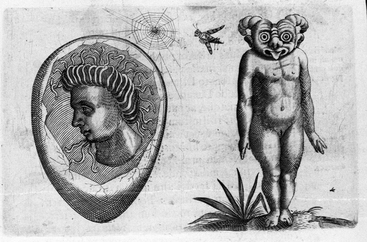 Diferentes tipos de monstruos humanos: un hombre fósil y un monstruo. Grabado de “De monstrorum natura, causis et differentiis” por Fortunio Liceti (1577-1656), científico italiano. 1646 de Italian School