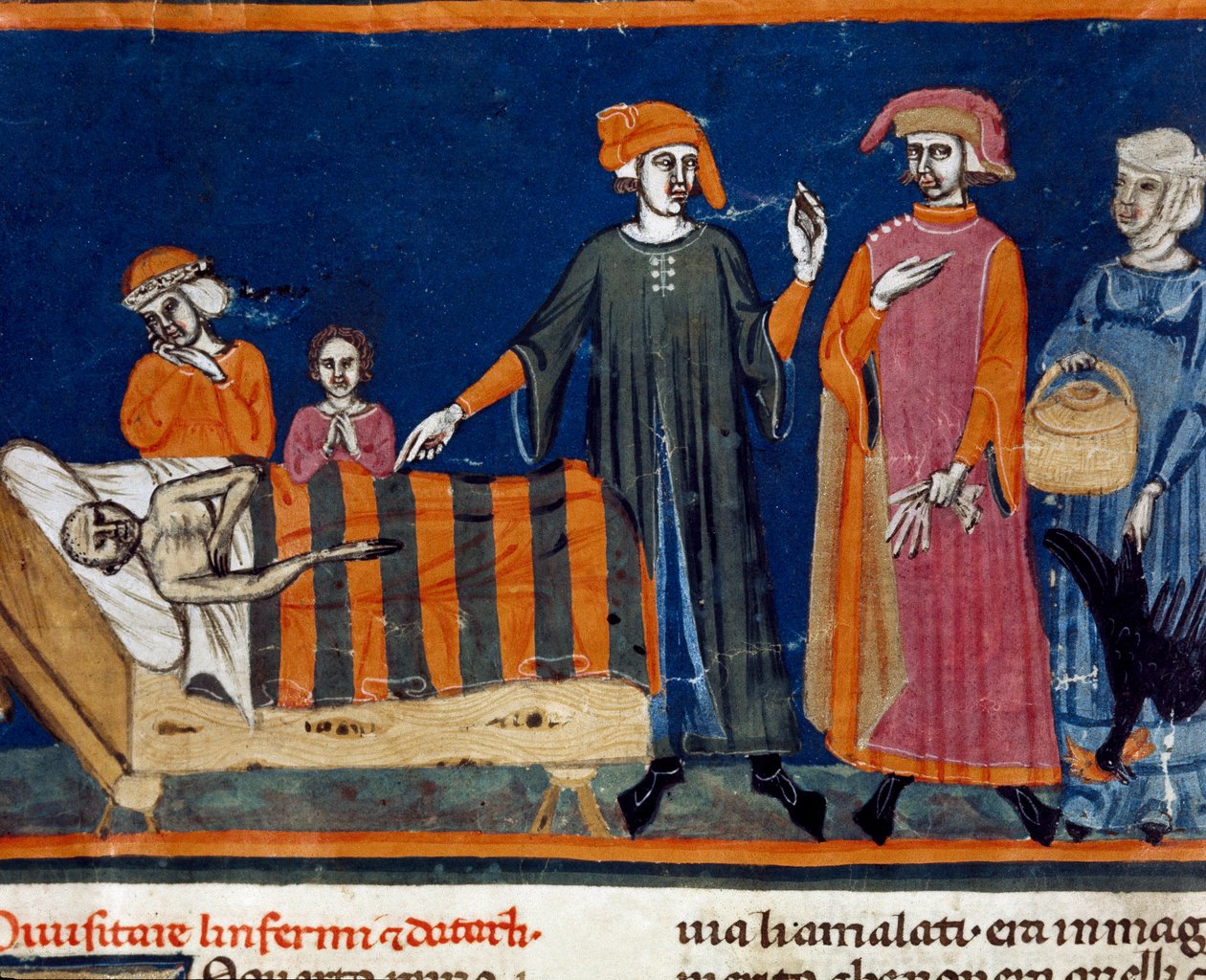 Doctores junto a la cabecera de un enfermo. Miniatura de la escuela florentina de una edición extendida del 
