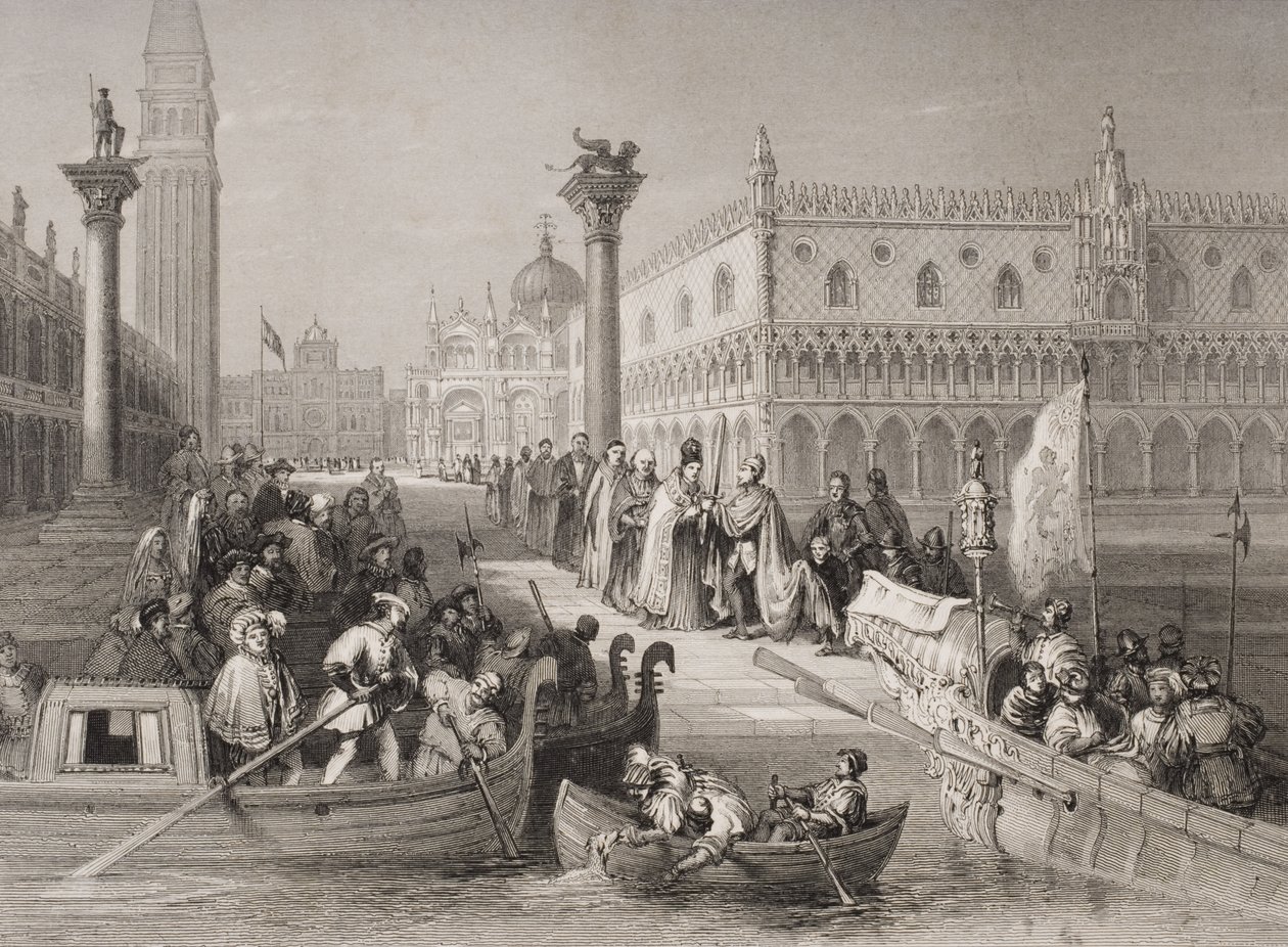 Embarque del Dogo, Venecia, grabado por Challis de Italian School