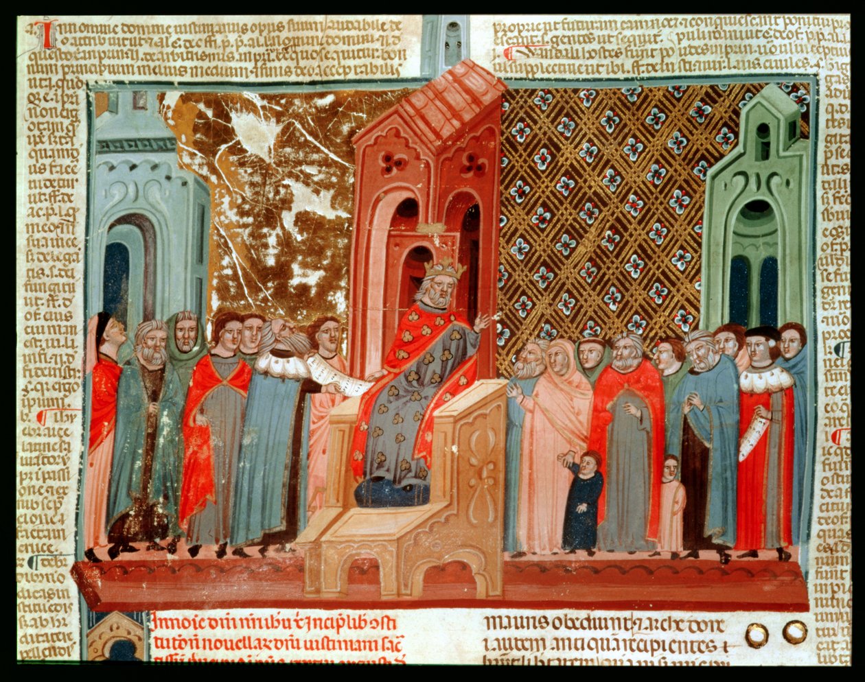 Emperador Justiniano (483-565) y su corte, de Justinianus Istitutiones de Italian School