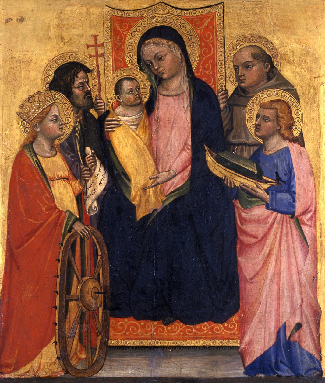 Virgen entronizada con el Niño y cuatro santos, c.1400 (temple sobre madera de álamo) de Italian School