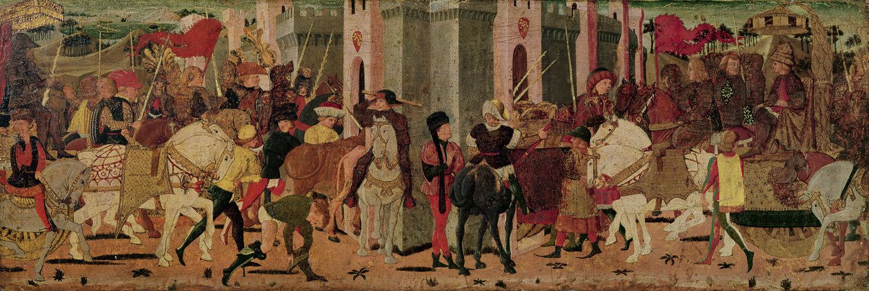 Entrada de Tito Flavio Vespasiano (9-79 d.C.) y Tito (38-91 d.C.) en Roma, c.1450 (óleo sobre tabla) de Italian School
