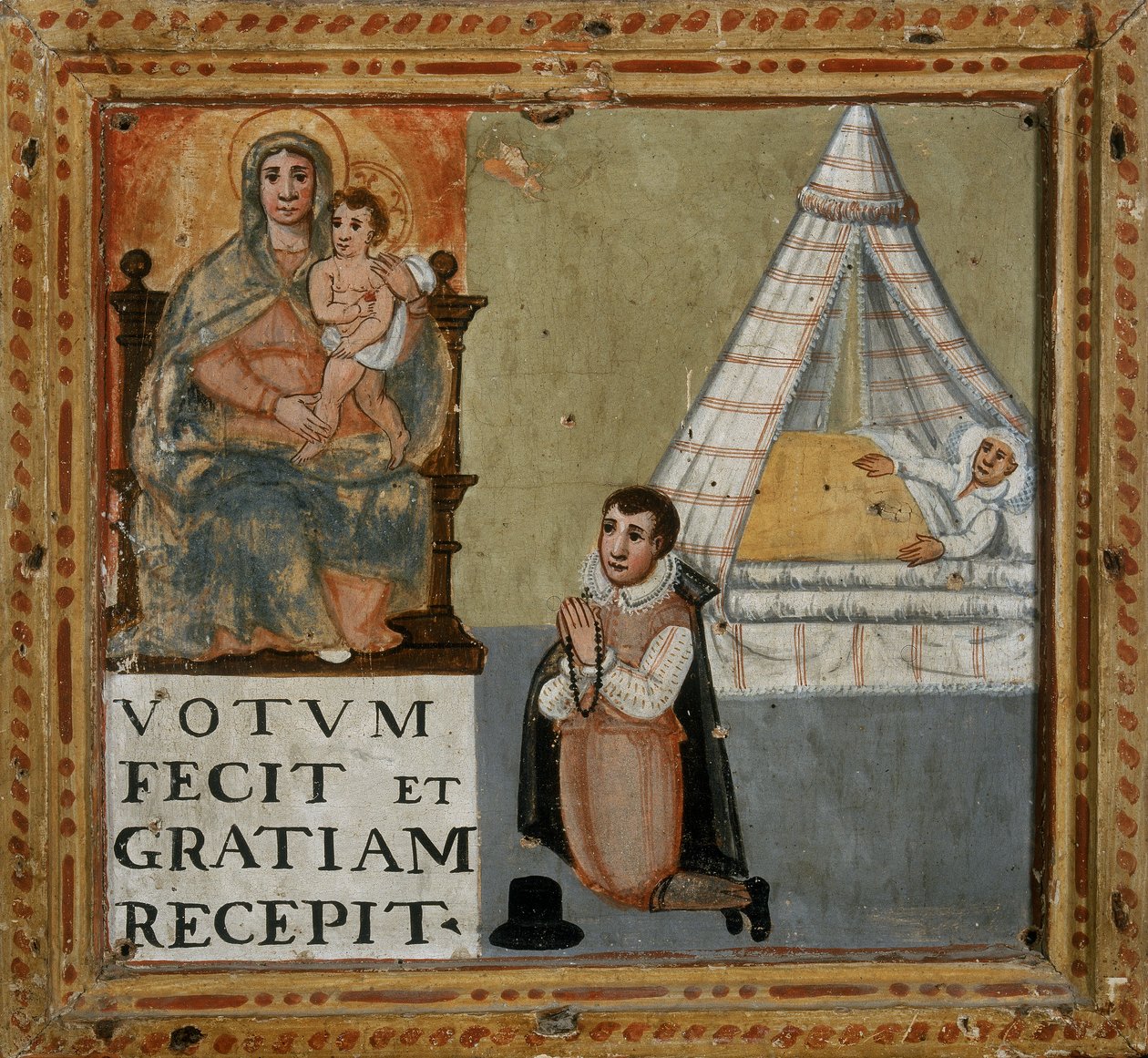 Exvoto que representa a un hombre agradeciendo a la Virgen de rodillas por haber sido curado de una enfermedad, 1604 de Italian School