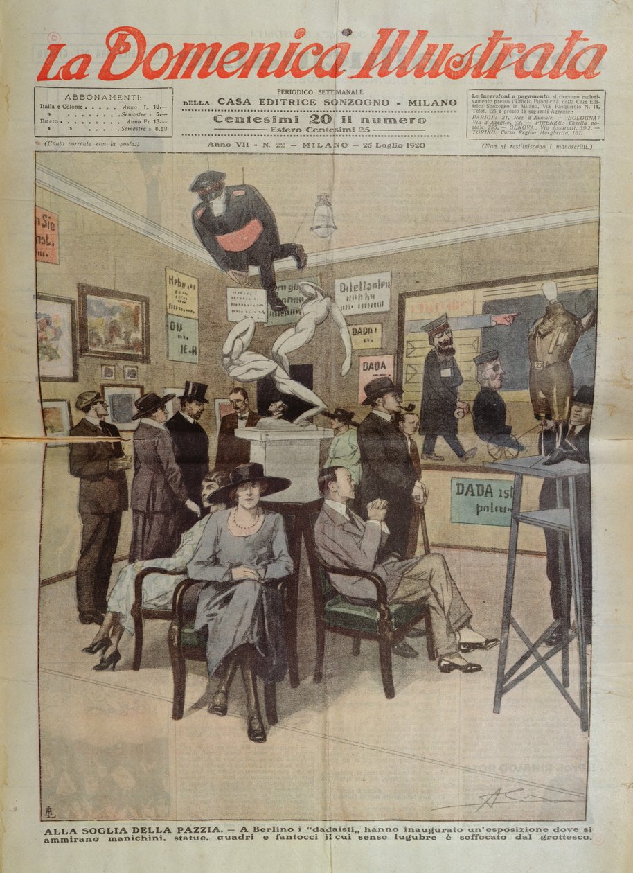 Exposición de arte "Dadá" en Berlín, ilustración de portada de "La Domenica Illustrata", 25 de julio de 1920 (litografía en color) de Italian School