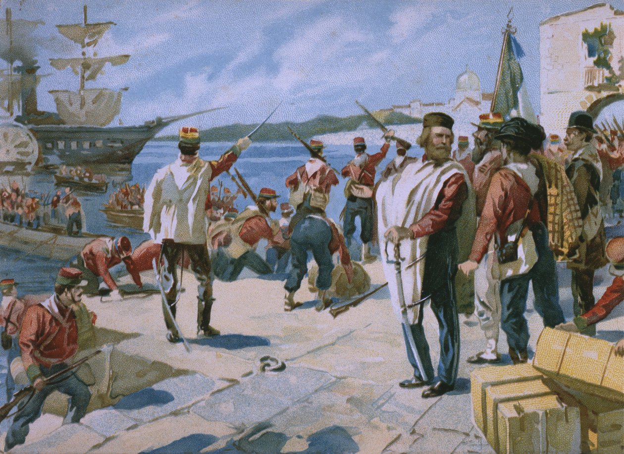 Expedición de los Mil bajo el liderazgo de Giuseppe Garibaldi, desembarco en Marsala, Sicilia, 1860, ilustración de un álbum sobre la historia del Risorgimento hecho para el chocolate Talmone, finales del siglo XIX de Italian School