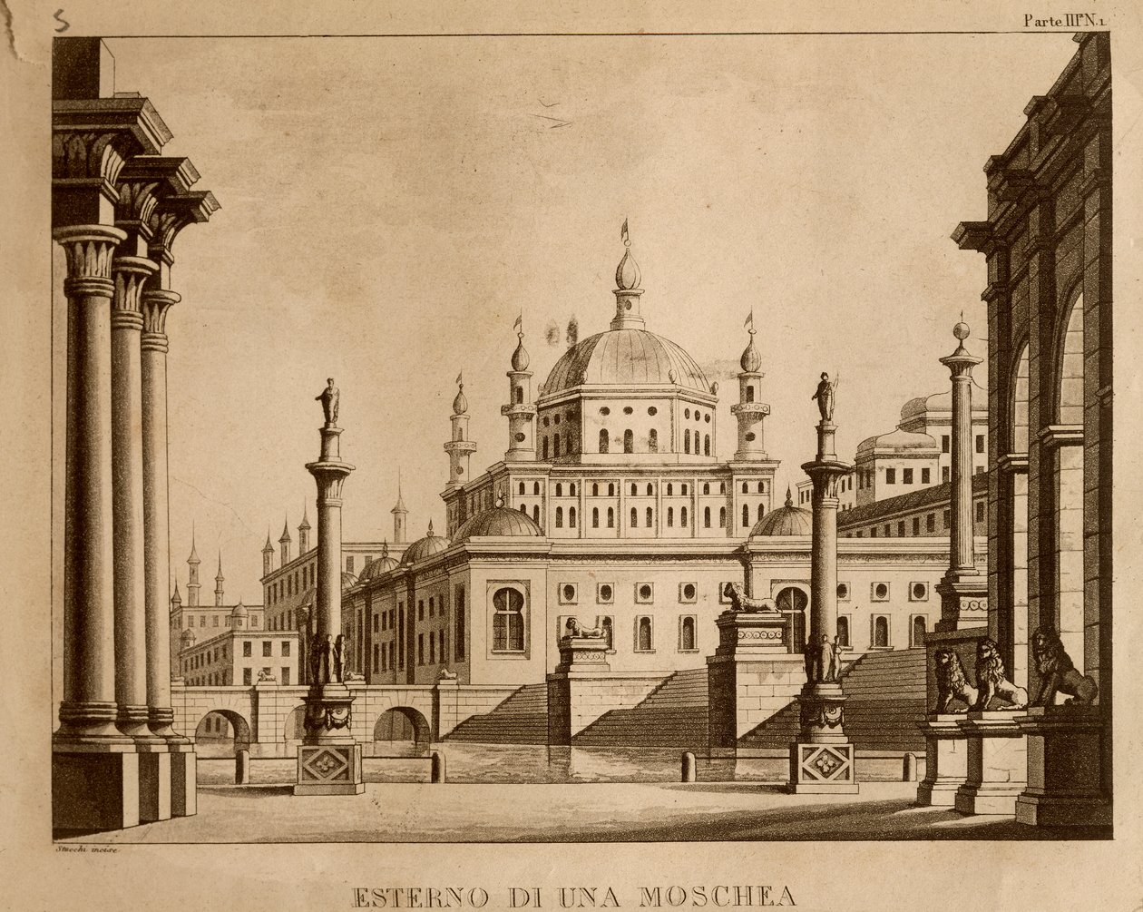 Exterior de una mezquita, diseño de escenario para 