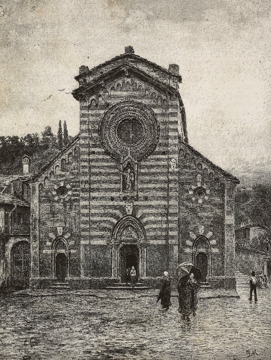 Fachada de la catedral de Bellano, Lago de Como, Italia, grabado de un dibujo de Quinto Michetti, de L