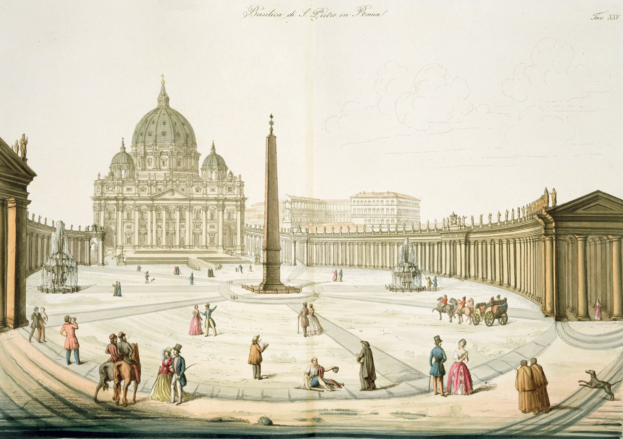 Fachada de San Pedro en Roma con la Piazza al frente, lámina 25 de la Parte III de La Historia de las Naciones, grabado por G. Lago de Italian School
