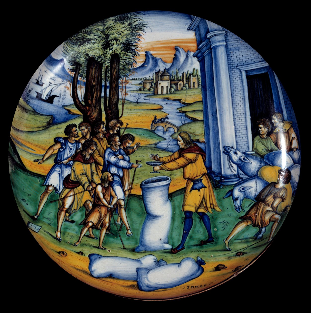 Taza de loza representando a José en la bolsa de Benjamín con la copa que había colocado en ella. Fabricada por la Manufactura Case Pirota de Italian School