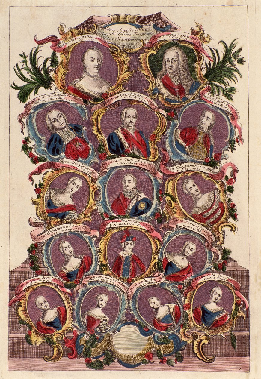 Árbol genealógico de la emperatriz María Teresa de Habsburgo (1717-1780) con su esposo Francisco I y sus hijos: María Isabel, José II, María Amalia, Leopoldo II, Fernando y Maximiliano de Italian School