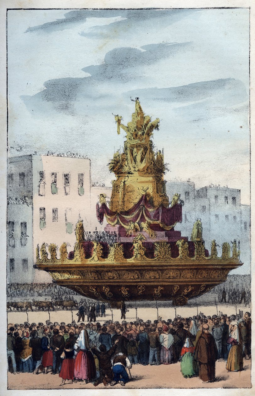 Fiesta de Santa Rosalía de Palermo (1130-1160), patrona de Palermo - La fiesta de Santa Rosalía - (la patrona de Palermo en Italia) - grabado de 