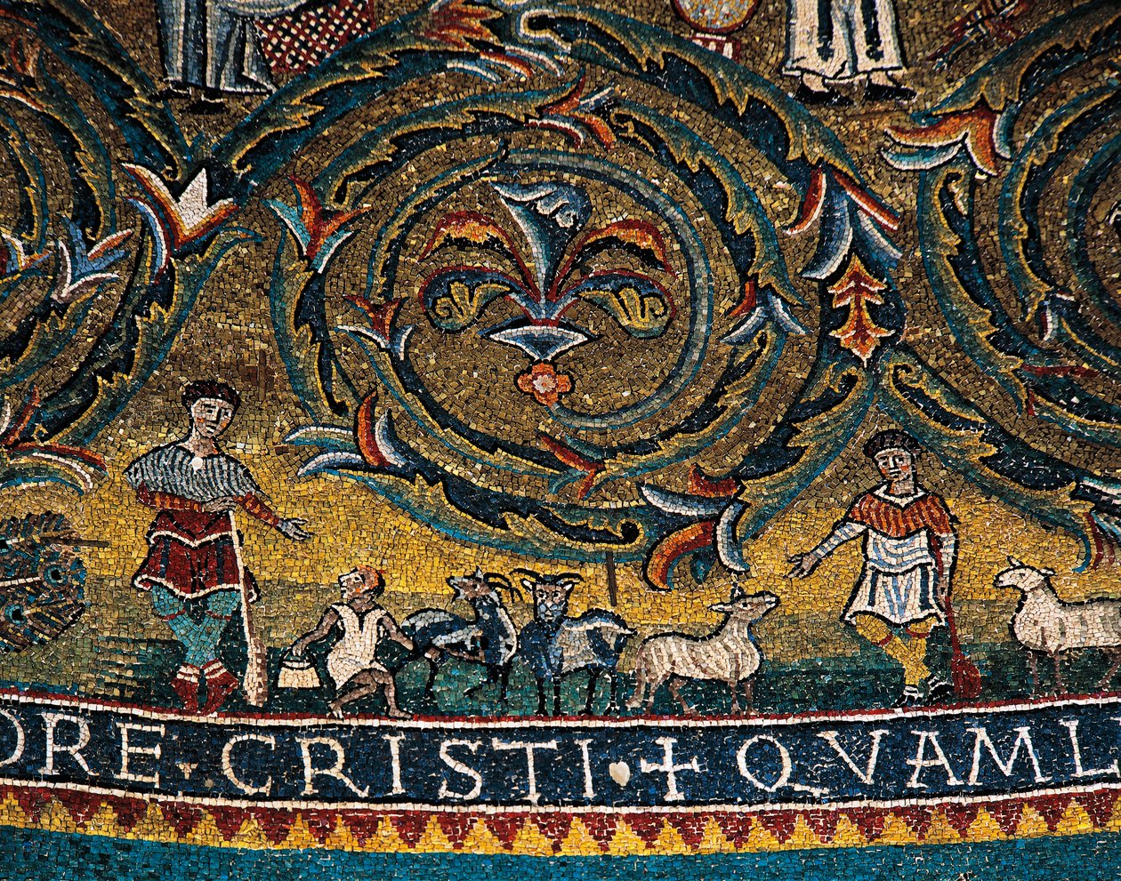 Figuras de pastores y animales, (detalle) del Triunfo de la Cruz del medallón del ábside (mosaico) de Italian School