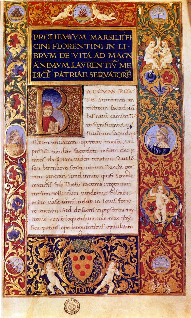 Primera página del "De vita libri tres" de Marsilio Ficino (pluma y tinta, témpera y oro sobre vitela) de Italian School