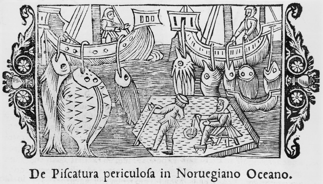 Pescando en el Océano Noruego, ilustración de Historia de Gentibus Septentrionalibus por Olaus Magnus, publicado en Roma, 1555 de Italian School