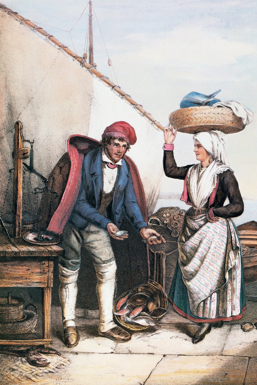 Pescadero y campesino, ilustración de Trajes de Istria, Italia de Italian School
