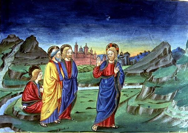Fol.103v Después de la Transfiguración Cristo dice a los apóstoles que no revelen este hecho hasta después de la Resurrección (vitela) (ver 142186) de Italian School