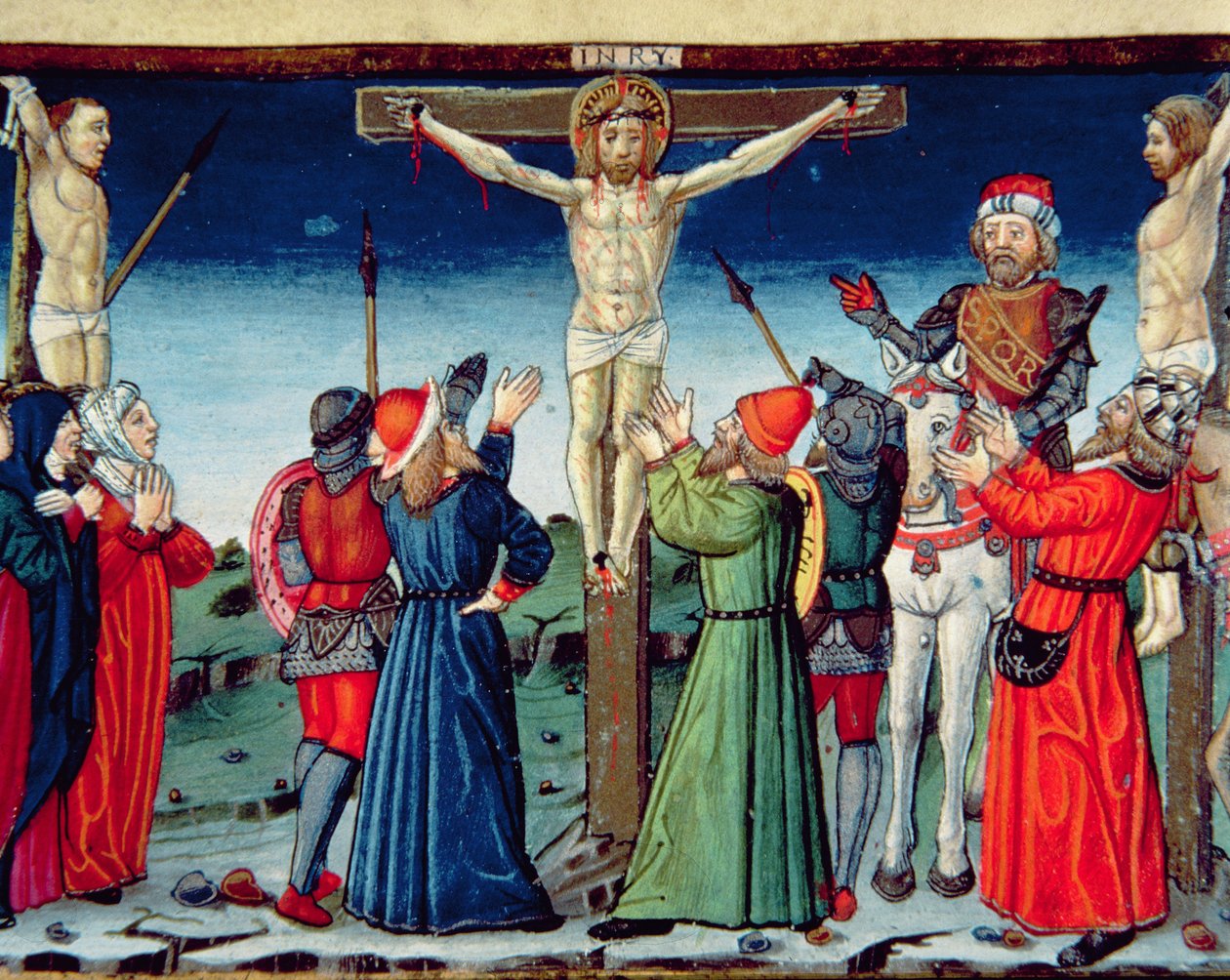 Fol.117v Crucifixión, ilustración del "Codex de Predis" (vitela) de Italian School
