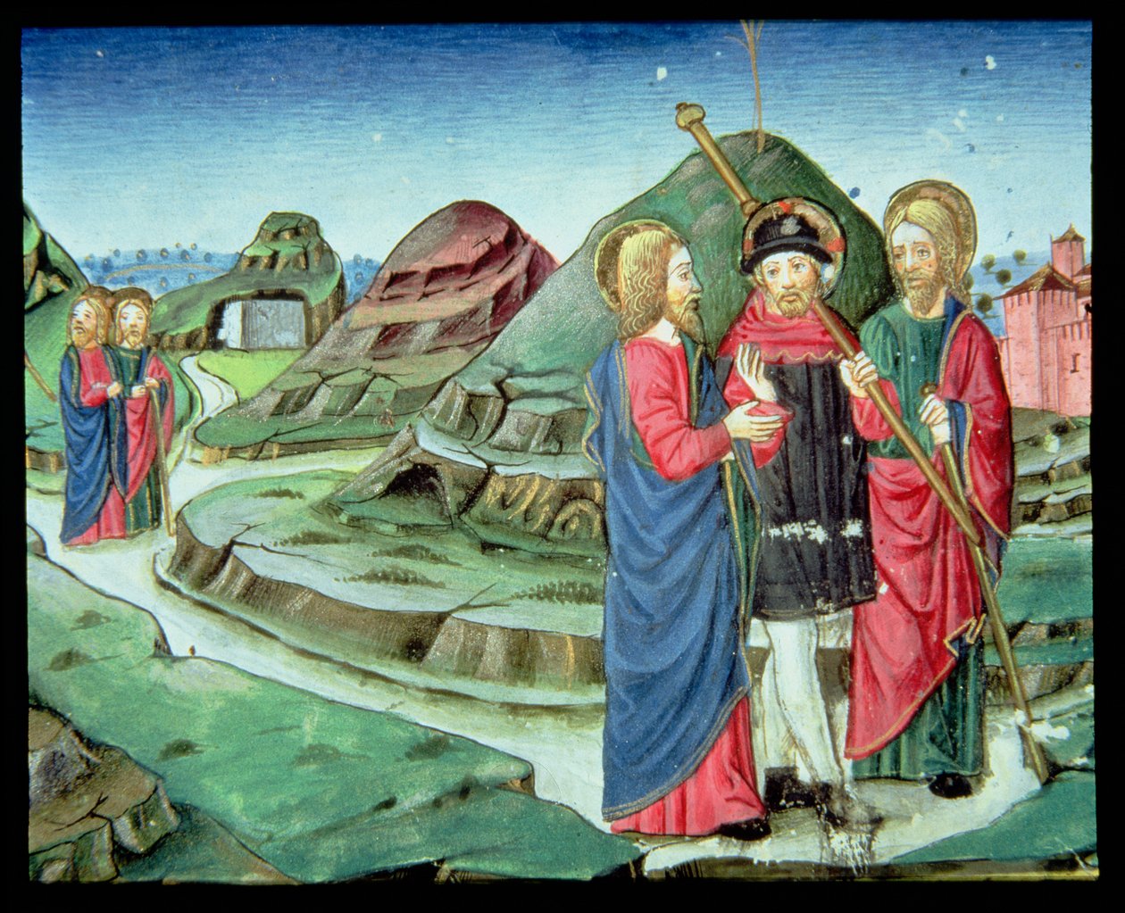 Fol.130v Cristo acompaña a dos discípulos a Emaús sin que se den cuenta de que es Él (vitela) de Italian School