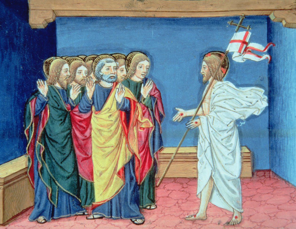 Fol.132va Cristo resucitado muestra a los discípulos sus manos y la herida del costado (vitela) de Italian School