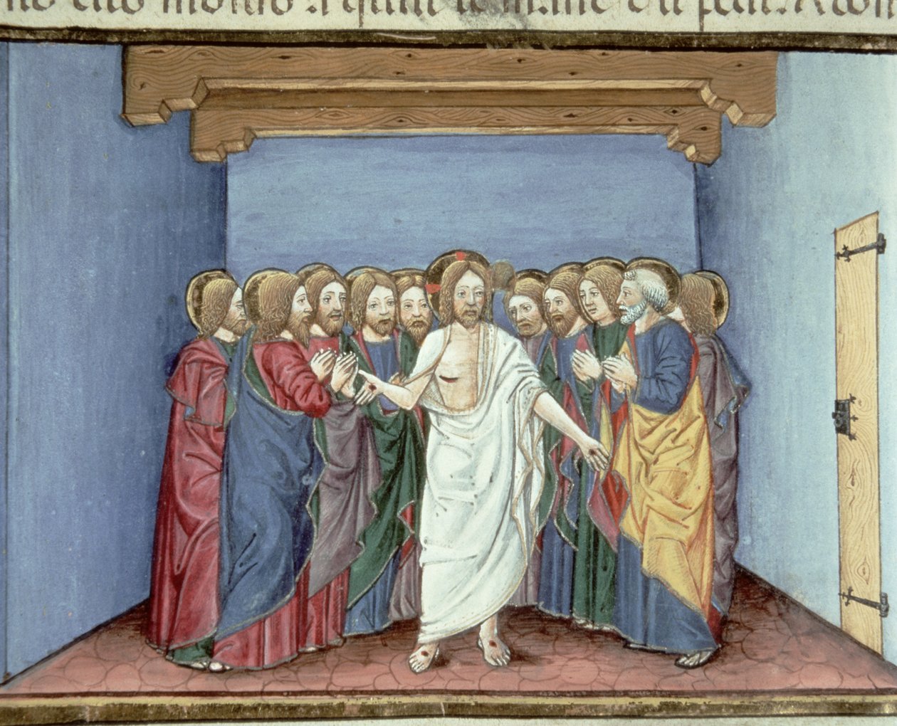 Fol.135v Jesús se presenta a los discípulos reunidos bajo un mismo techo por temor a los jueces (vitela) de Italian School