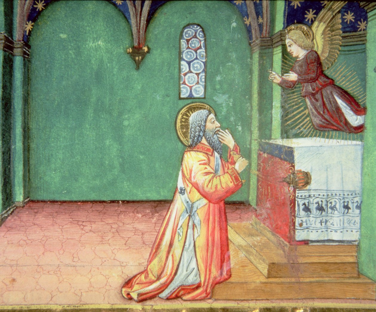 Fol.142r Un ángel se aparece a Zacarías en el Templo (vitela) de Italian School