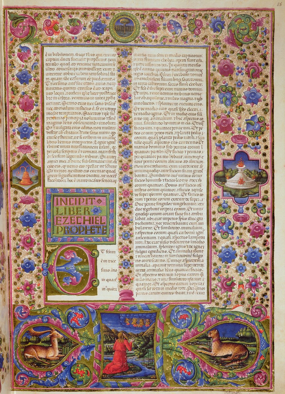 Fol.56r Apertura del Libro de Ezequiel, de la Biblia de Borso d