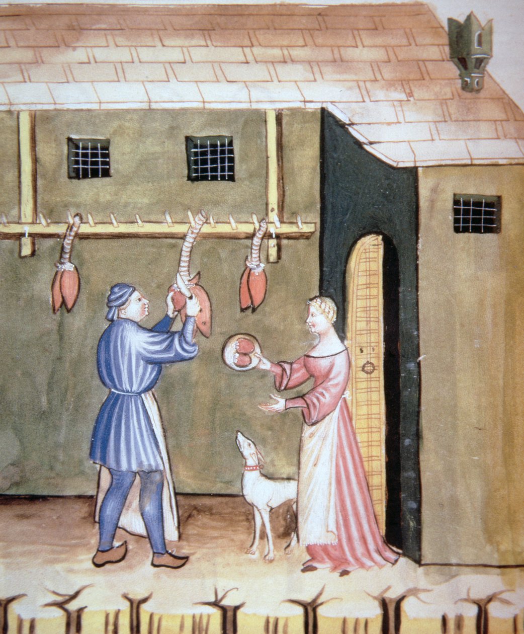 Fol.78v Los carniceros: Vendiendo corazones de animales, del Tacuinum Sanitatis Codex Vindobonensis de Italian School