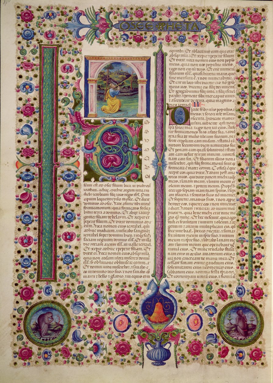 Fol.87v Apertura del libro del profeta Oseas (profeta menor que predica contra los judíos idólatras), de la Biblia de Borso d