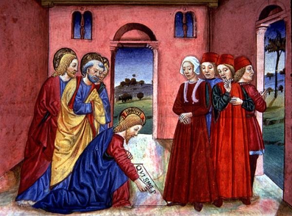 Fol.89r Cristo escribe en el suelo del templo "el que esté libre de pecado que tire la primera piedra" (vitela) de Italian School