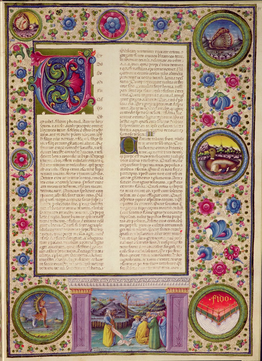 Fol.91r Libro del profeta Joel (profeta menor del siglo VIII a.C. que predicó en Jerusalén), de la Biblia de Borso d