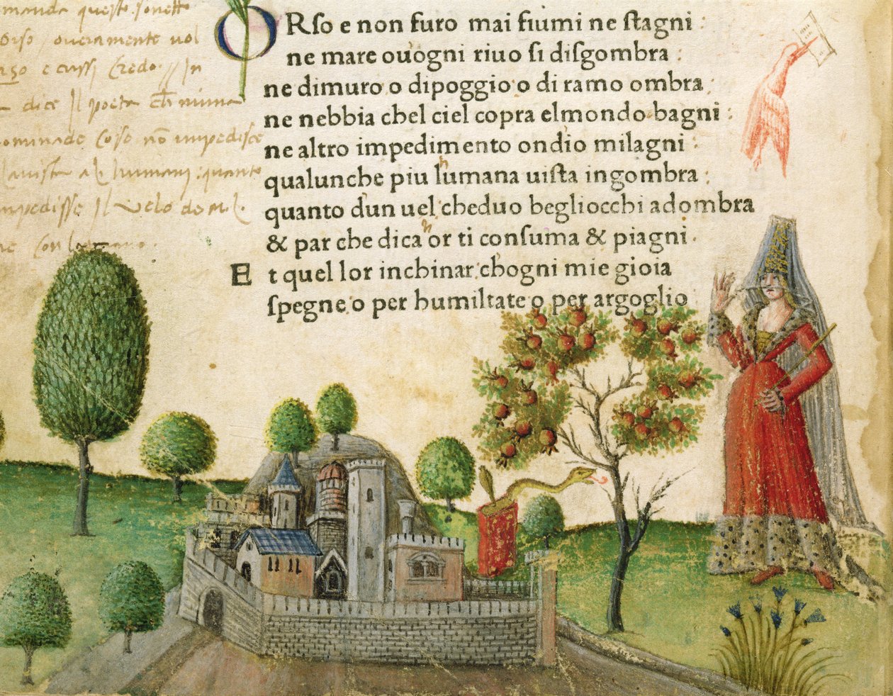 Fol. 17v, "Orso e non furo mai fiumi ne stagni", de "Canzoniere e Trionfi" de Petrarca, c.1470 de Italian School