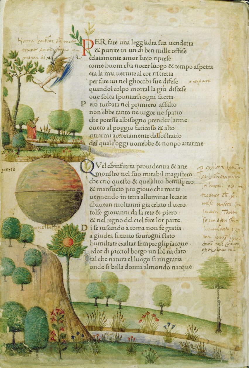 Fol. 1v, "Per fare una leggiadra sua vendetta", de "Canzoniere e Trionfi" de Petrarca, c.1470 de Italian School