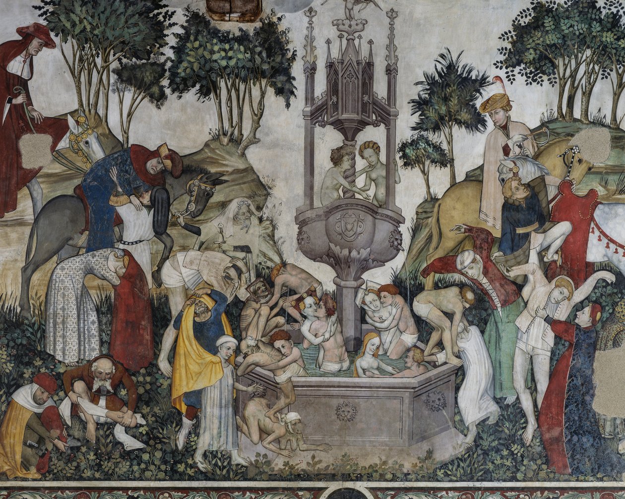 Fuente de la Juventud, detalle de la Fuente de la Juventud, fresco de la Sala Baronal, Castillo de Manta, Saluzzo, Piamonte, Italia de Italian School