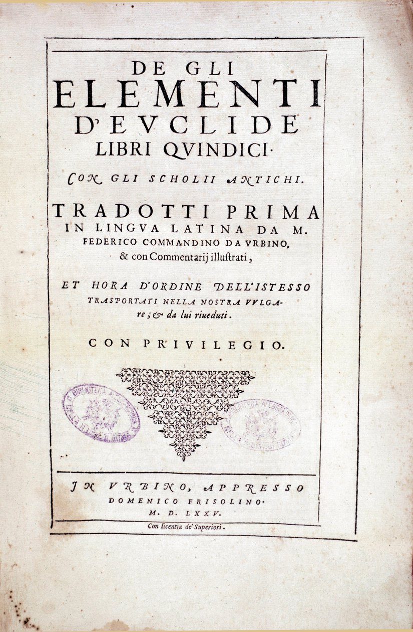 Frontispicio del volumen XV "Elementos" del matemático griego Euclides (siglo III a.C.) de Italian School