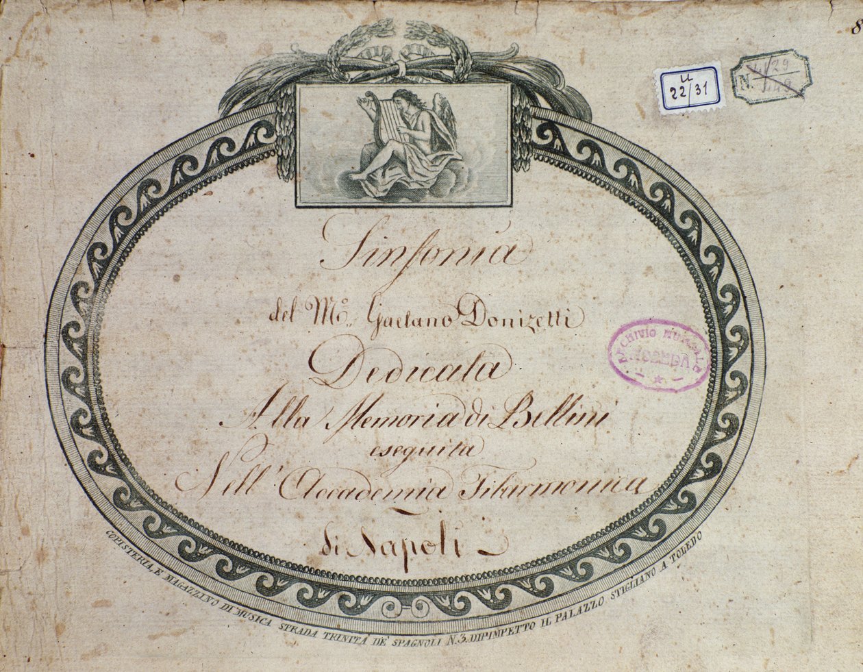 Detalle del frontispicio de "Sinfonía en mi bemol mayor: dedicada a la memoria de Bellini" por Gaetano Donizetti (1797-1848) de Italian School