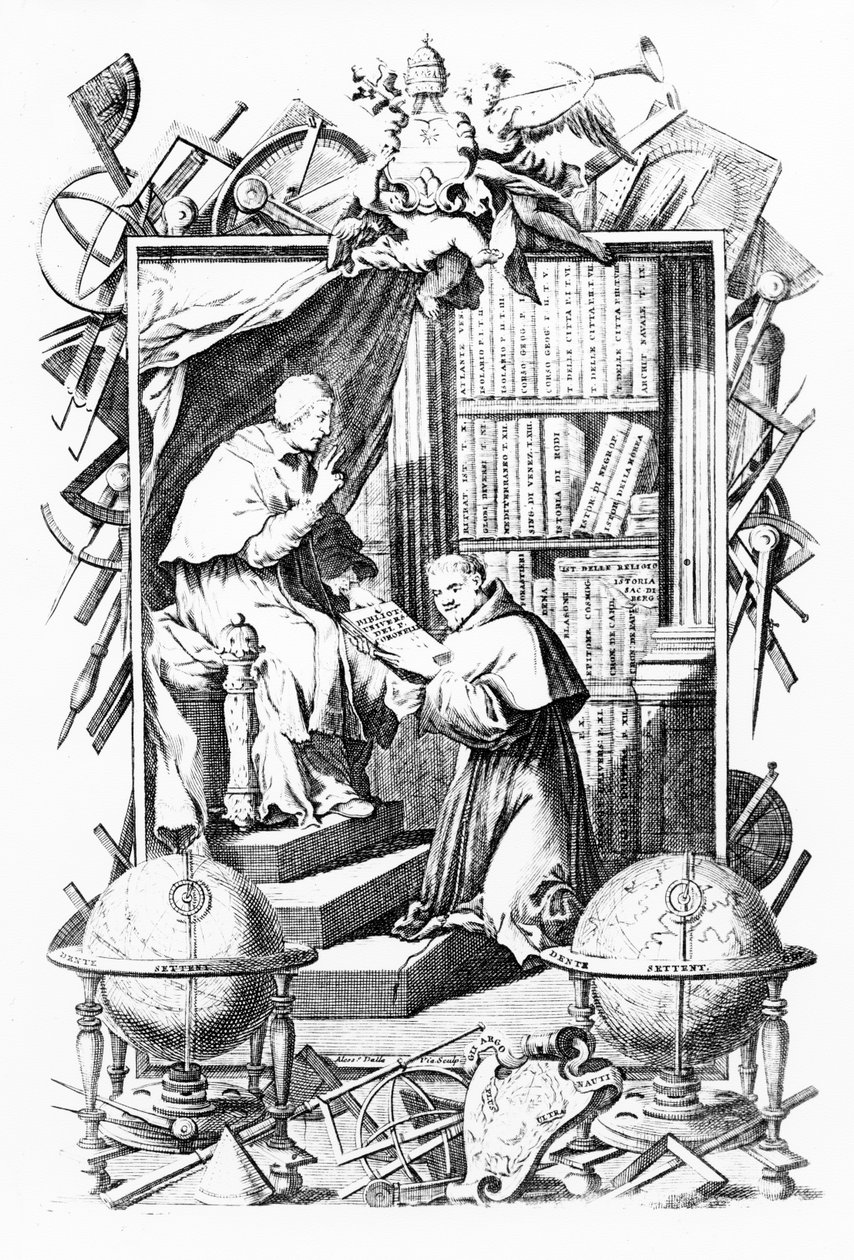 Frontispicio para Biblioteca Universale Sacro-Profana, Vol. 1 por Vincenzo Coronelli, impresión realizada por Alessandro dalla Via, publicado en 1701 de Italian School