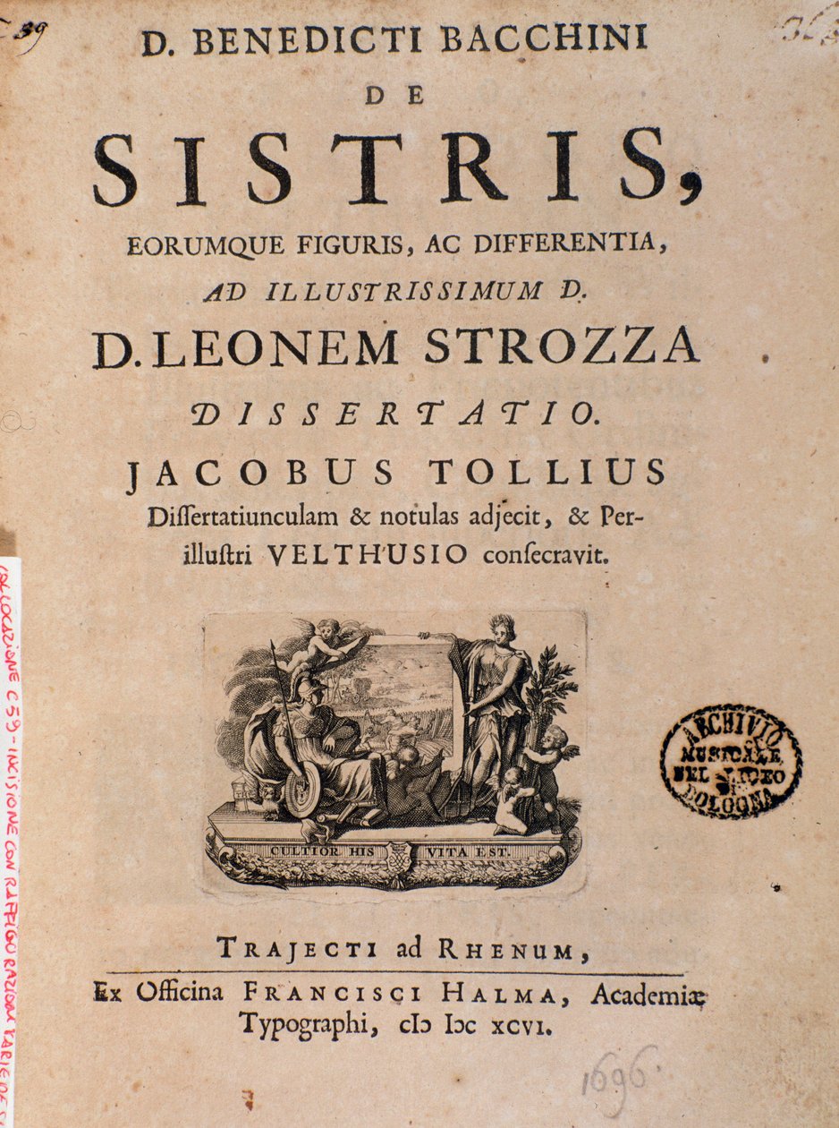 Frontispicio de "De sistris" de Benedictus Bacchinius de Italian School