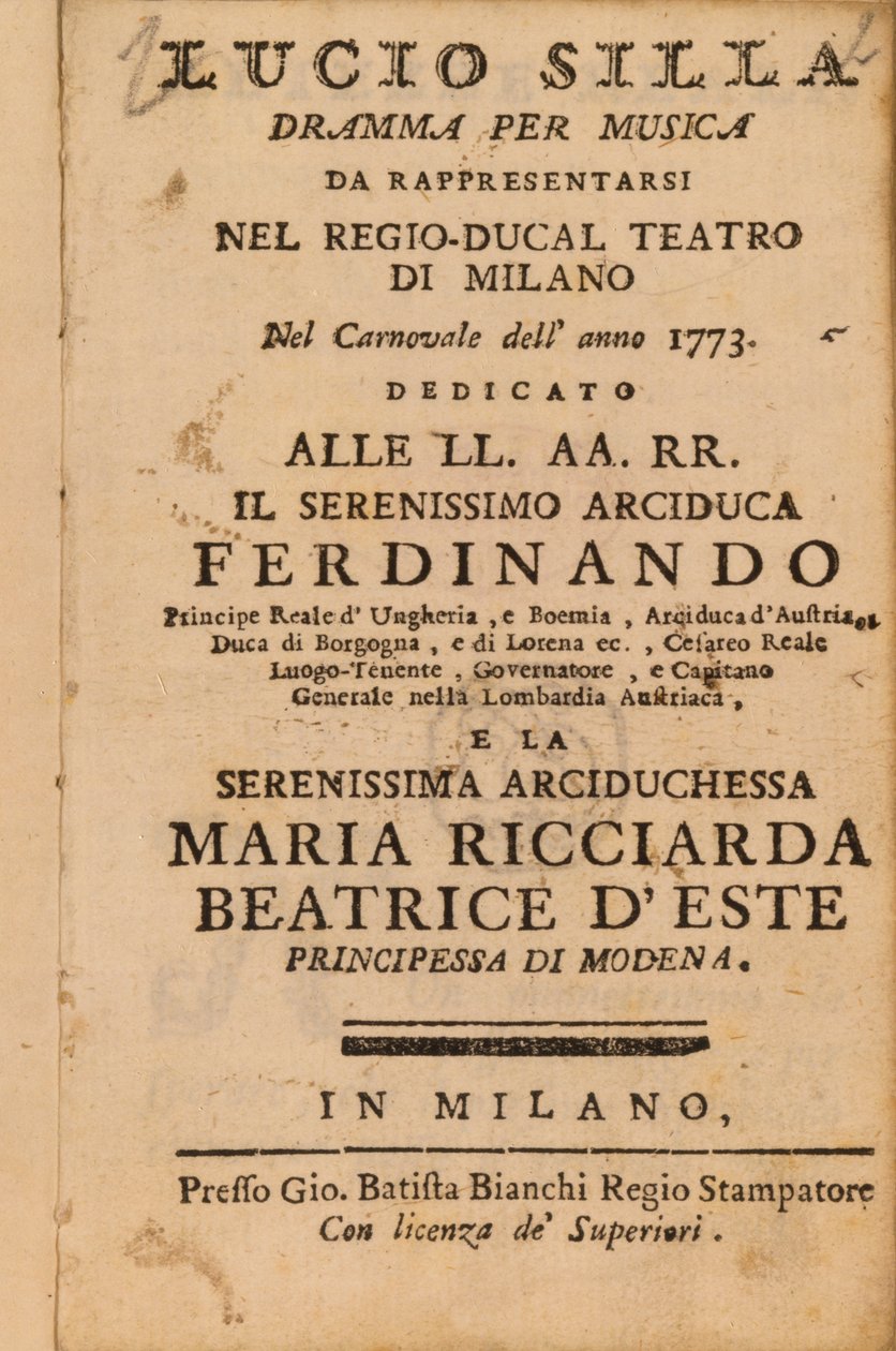 Frontispicio de Lucio Silla de Mozart, representado en Milán en 1773 de Italian School
