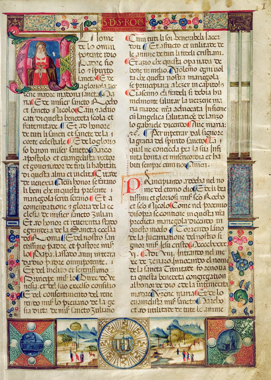 Frontispicio, de una Mariegola del gremio laico de San Rocco y San Nicolás de Italian School