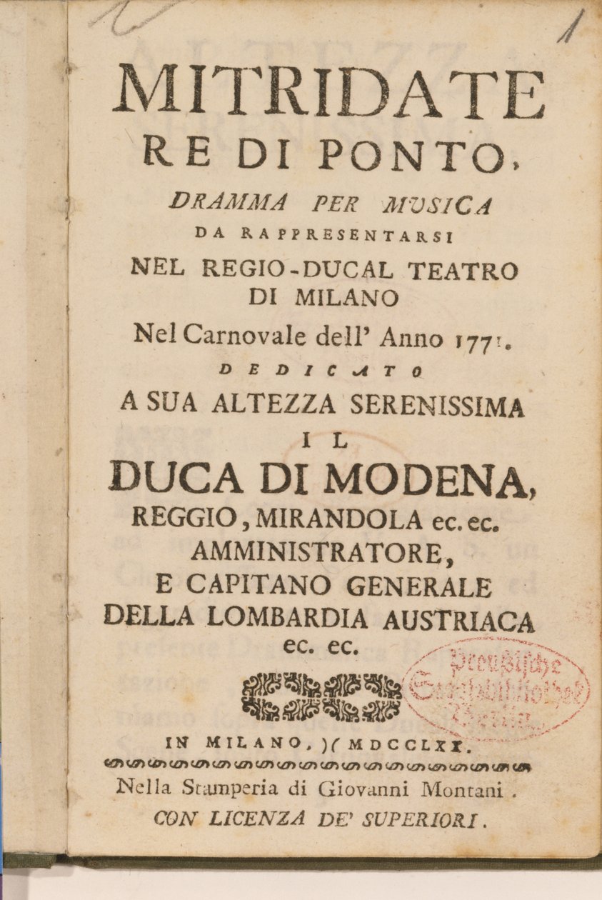 Frontispicio de una copia temprana de Mitridate, re di Ponte, una ópera de Wolfgang Amadeus Mozart, 1770 de Italian School