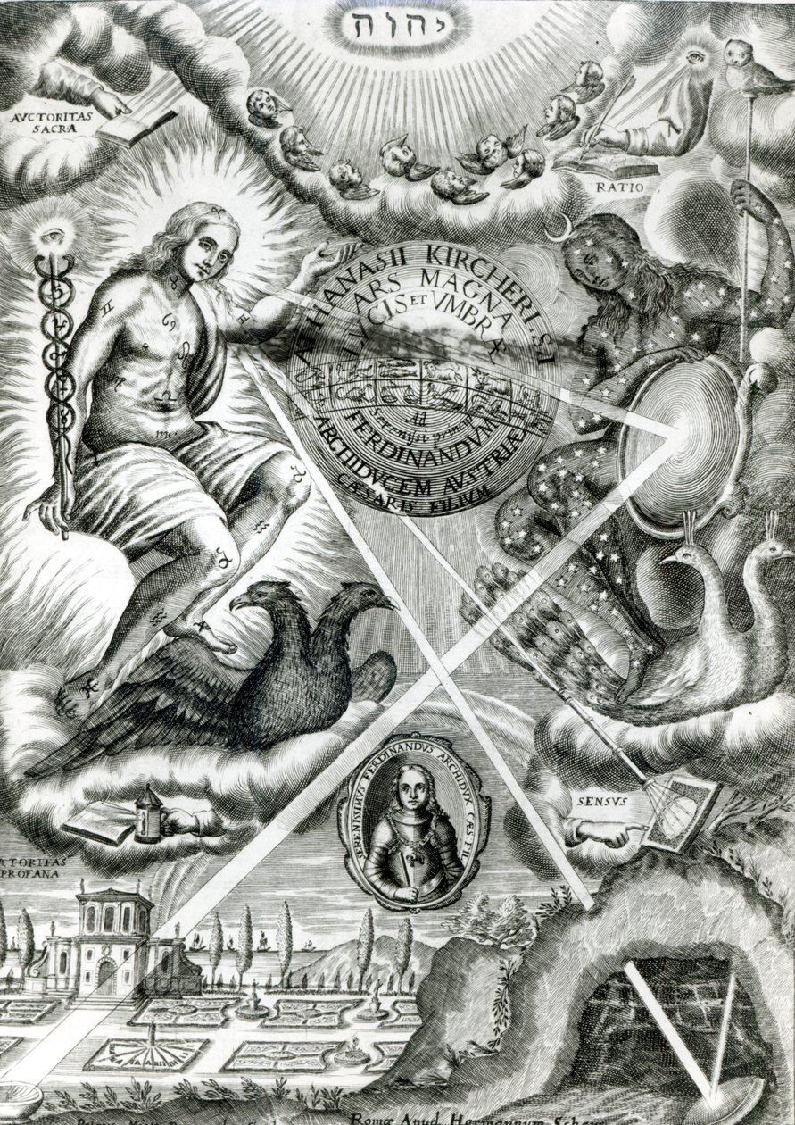 Frontispicio de Ars Magna Lucis et Umbrae, por Athanasius Kircher, Roma, 1646 de Italian School