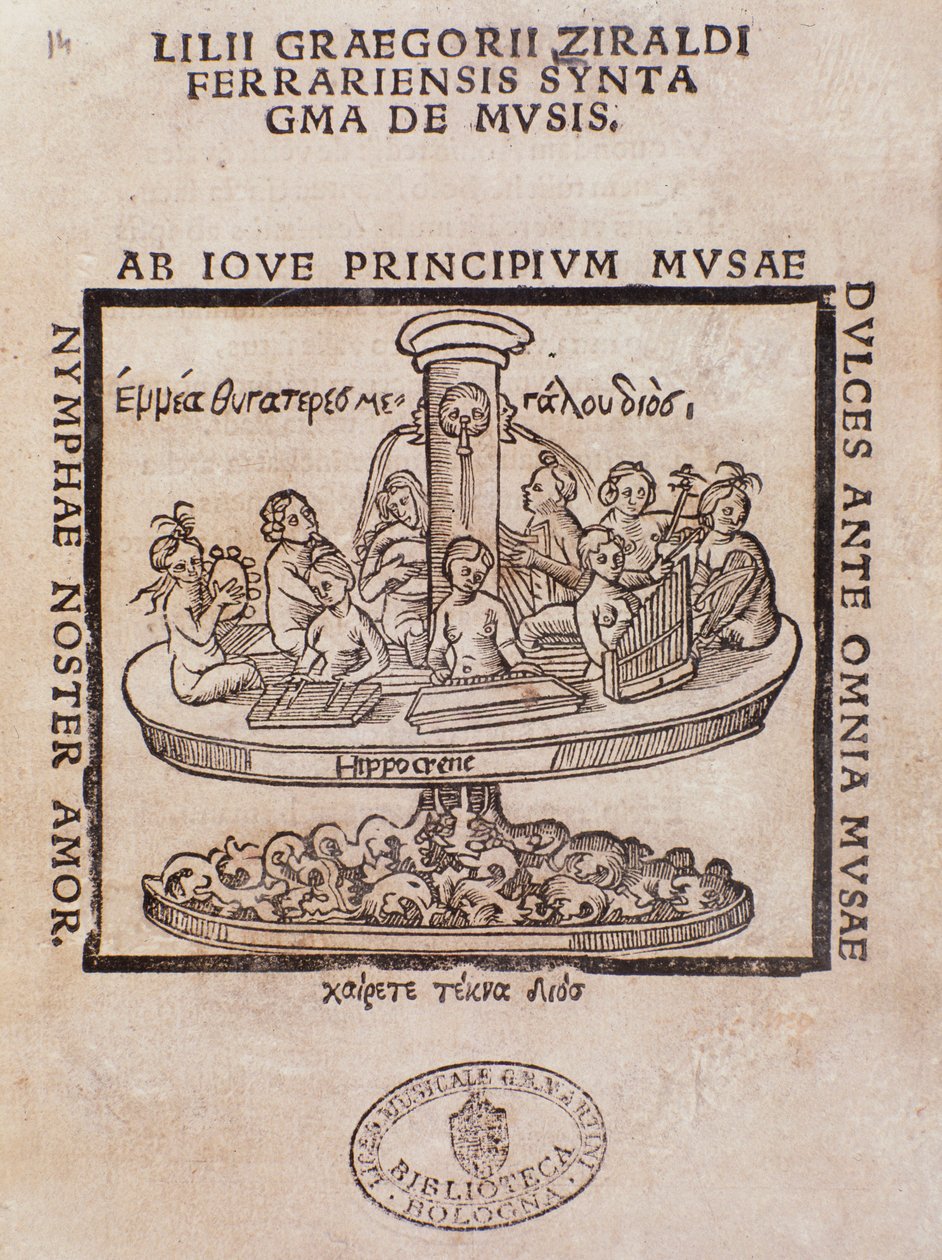 Frontispicio de Lilii Graegorii Ziraldi Ferrariensis Syntagma De Mvsis por Giglio Gregorio Giraldi de Italian School