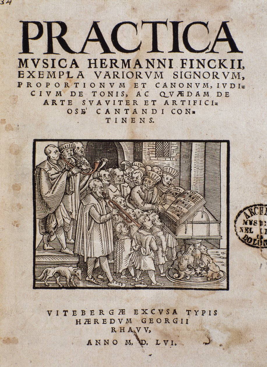 Portada de Practica musica por Hermann Finck (1527-1558) compositor y teórico musical alemán de Italian School